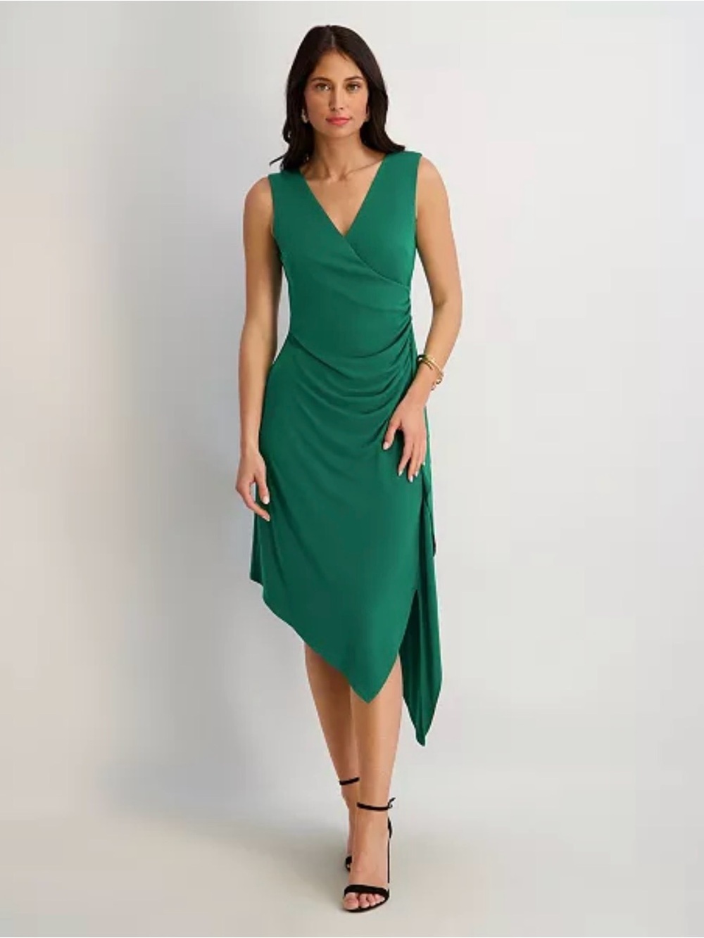 Kenzie Green Sleeveless V-Neck Draped Asymmetric Dress